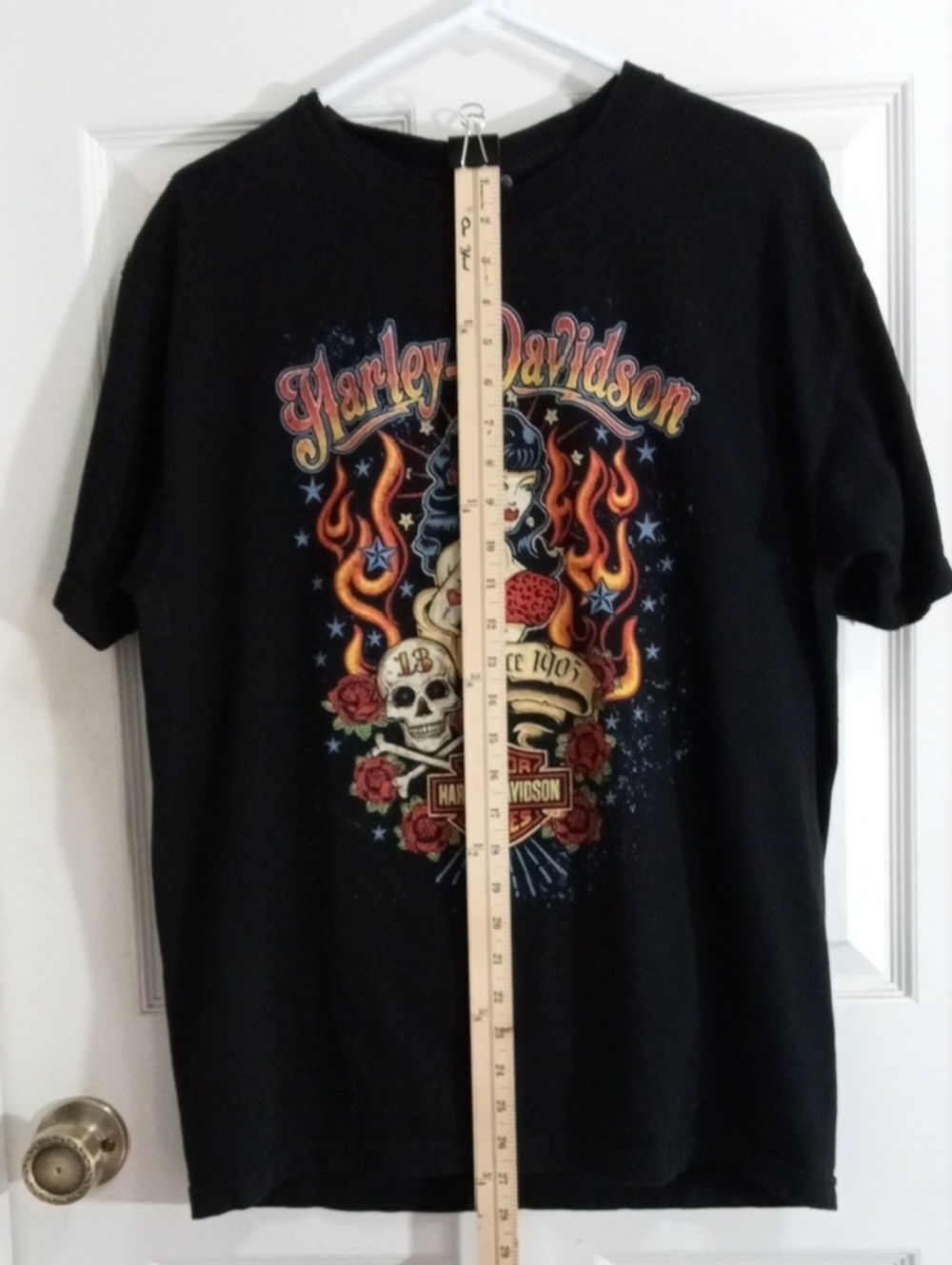 Harley-Davidson Black Short Sleeve Flames/Roses/Stars Tee Shirt Men’s Large - Picture 6 of 6